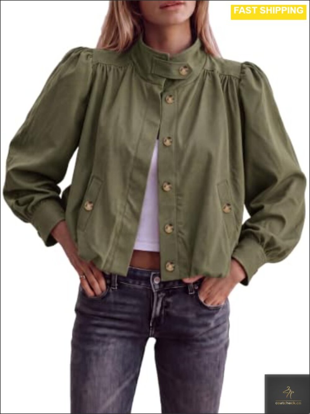 Lightweight Cropped Bomber Jacket Puff Sleeve Casual Coat